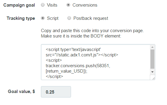 Pop-up traffic conversion goal settings with tracking script and goal value