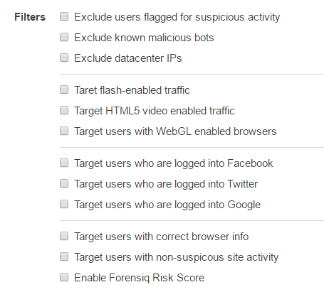 Pop-up traffic filtering options including bot exclusion and social login targeting