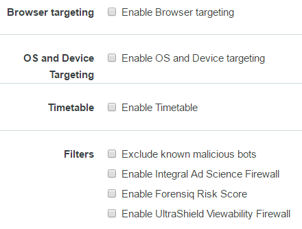 Audience traffic targeting options for browser, OS, device, timetable and bot filters