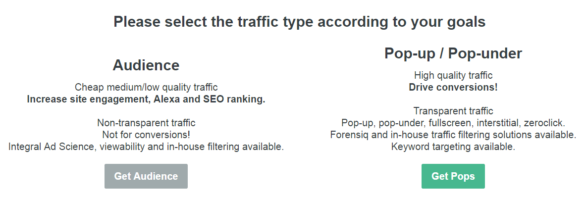 Comparison of Audience traffic and Pop-up / Pop-under traffic options